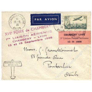 Chamb&eacute;ry-Lyon - 1&egrave;re liaison postale a&eacute;rienne 15/9/36