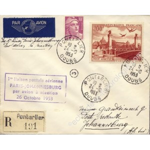 1e liaison postale aérienne Paris-Johannesbourg par avion à réaction, le 26/10/53